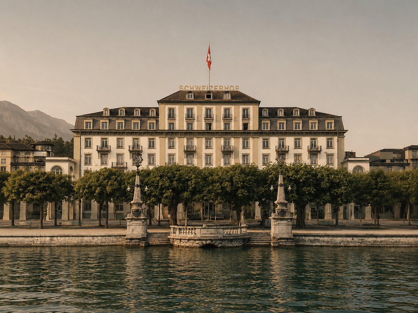Collection of grand hotel posters featuring iconic luxury hotels in Switzerland and Austria