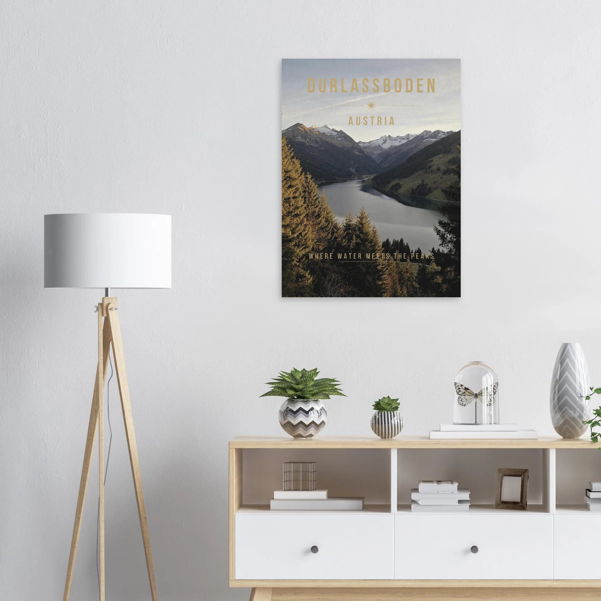 Durlassboden Poster displayed as Austrian Alps lake wall art in a modern interior