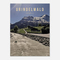 Grindelwald Poster featuring alpine chalets, mountain river, and Swiss Alps scenery