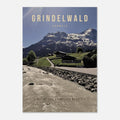 Grindelwald Poster featuring alpine chalets, mountain river, and Swiss Alps scenery