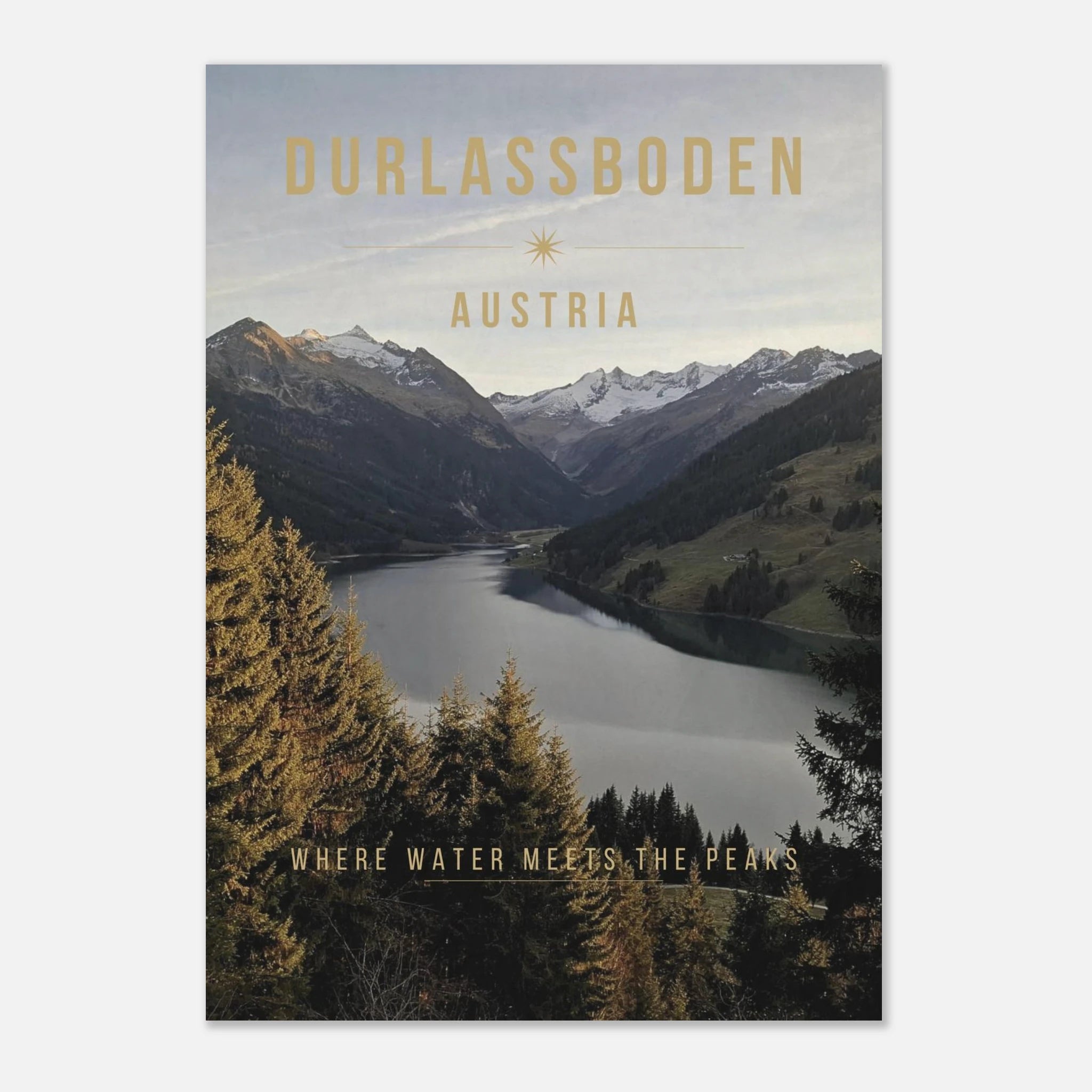 Durlassboden Austria Poster showcasing mountain peaks and alpine lake views