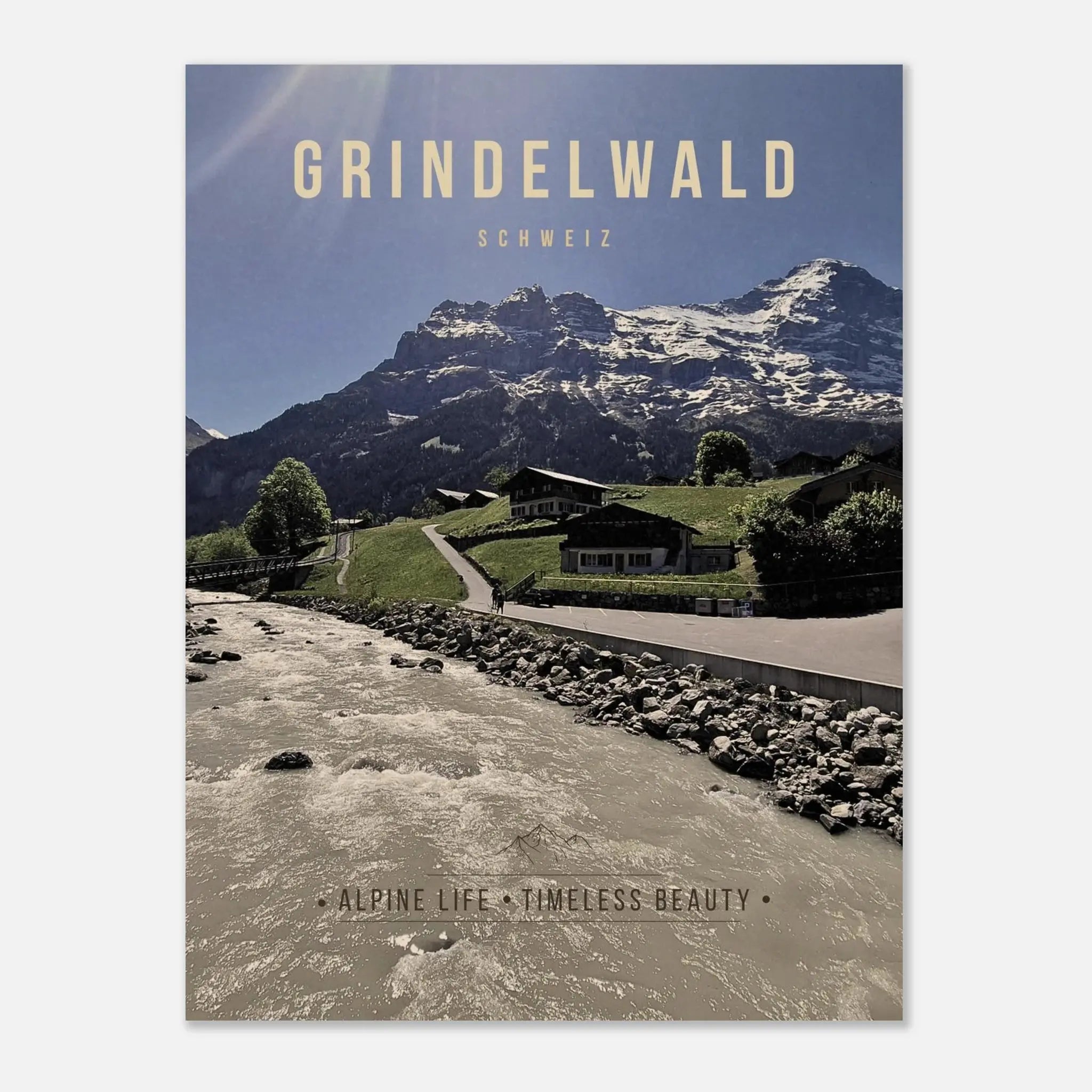Grindelwald Poster featuring alpine chalets, mountain river, and Swiss Alps scenery