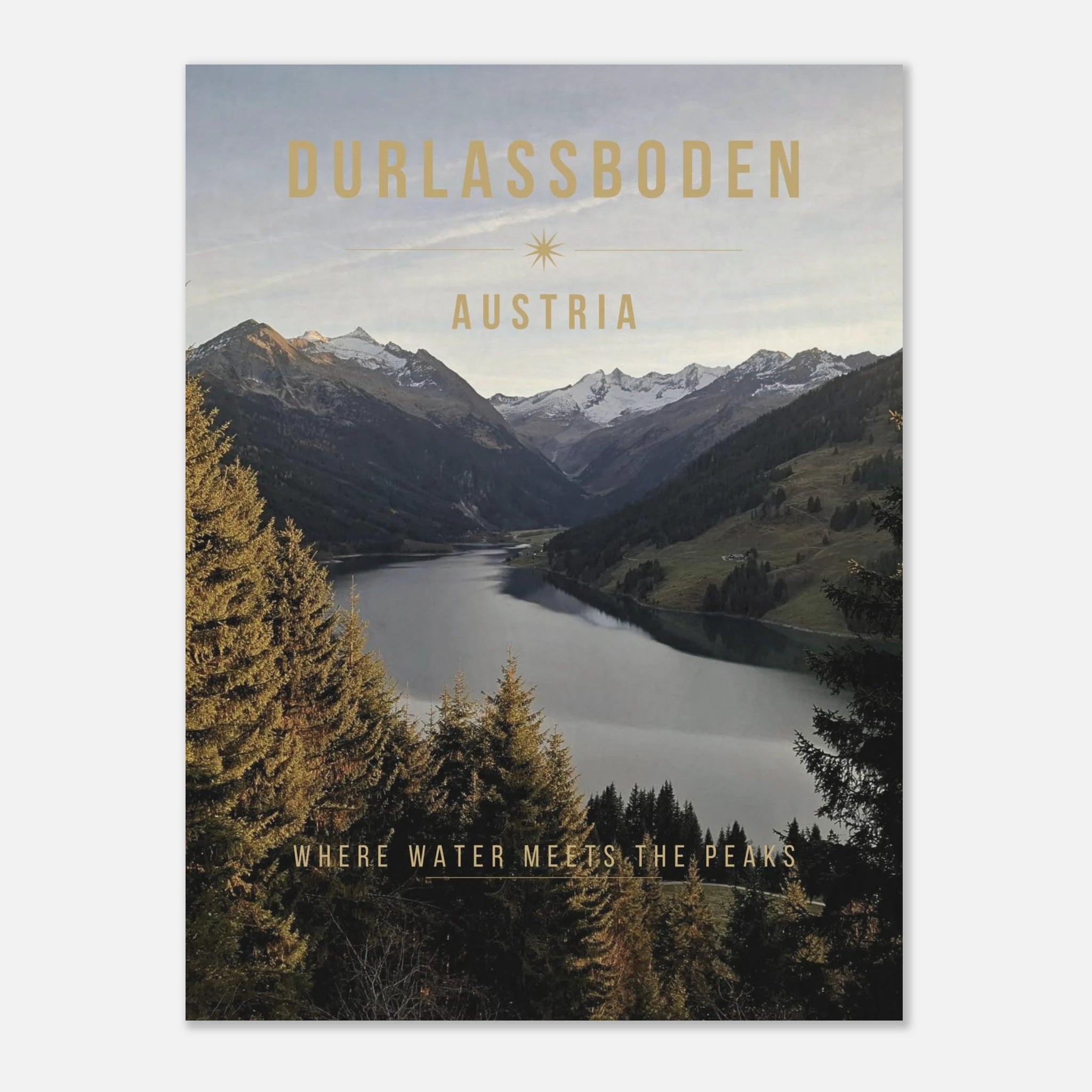 Durlassboden Austria Poster showcasing mountain peaks and alpine lake views